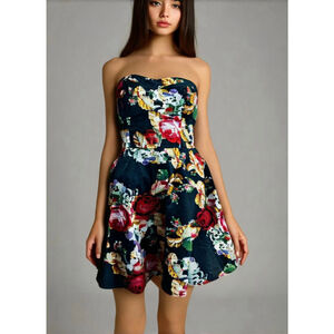 Windsor Women's Floral Print Strapless‎ Dress Size M Black Multi-color Babydoll